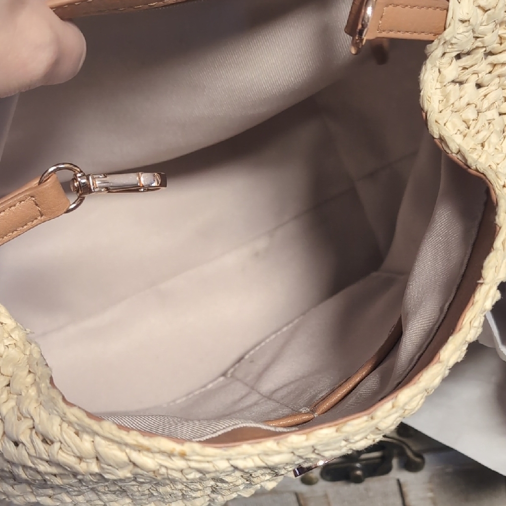 Top Handle Woven Backpack In Camel & Cashew With Rose Gold Details By LC - Picture 14 of 15